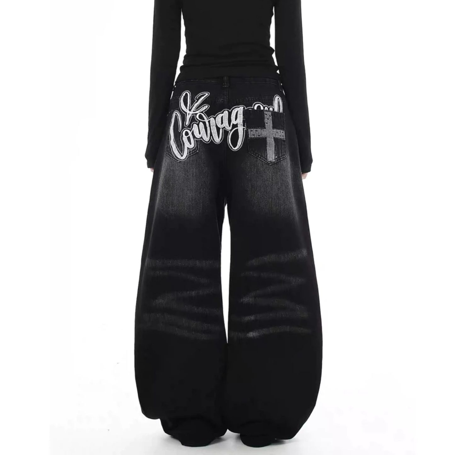 美式貼布十字架 彎刀丹寧褲