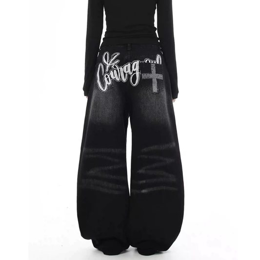 美式貼布十字架 彎刀丹寧褲