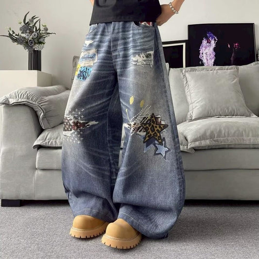 美式復古 刺繡破洞 彎刀丹寧褲
