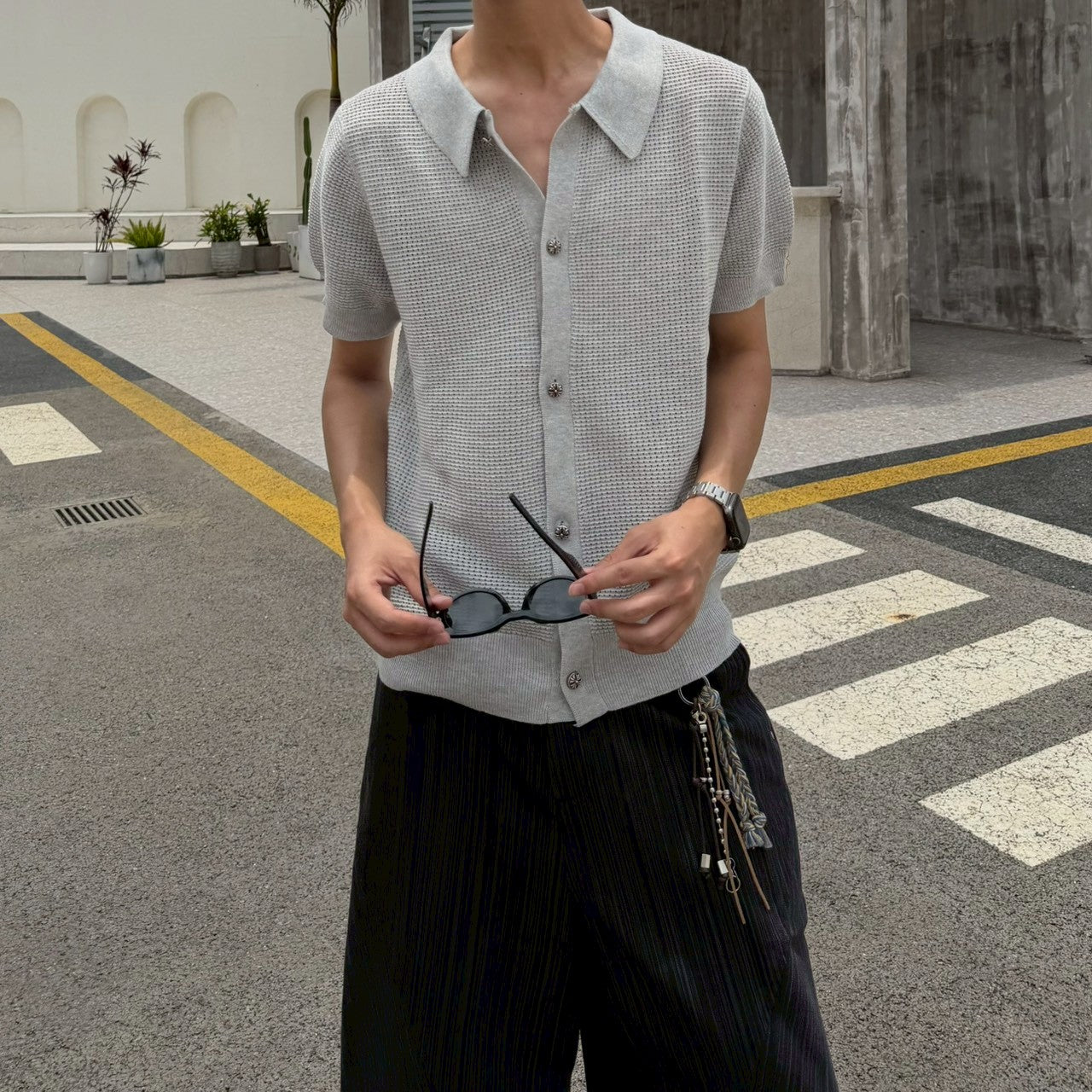 06 杭州正規 雕花釦鏤空 針織襯衫