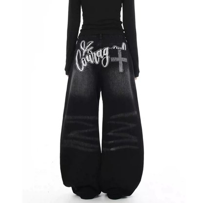 美式貼布十字架 彎刀丹寧褲