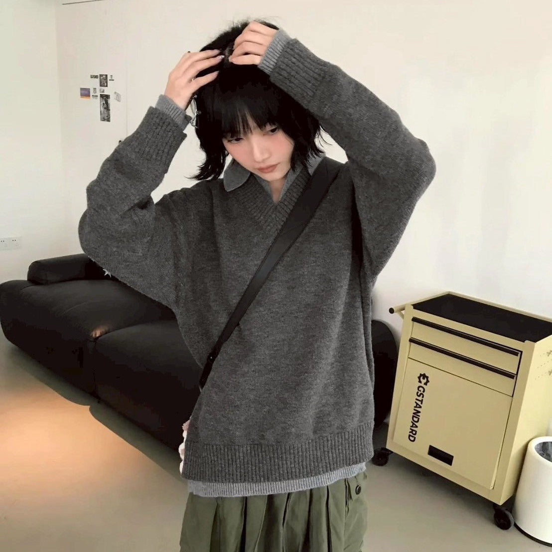 Cleanfit日規 復古寬鬆翻領毛衣