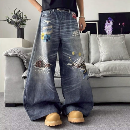 美式復古 刺繡破洞 彎刀丹寧褲