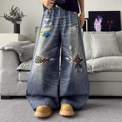 美式復古 刺繡破洞 彎刀丹寧褲
