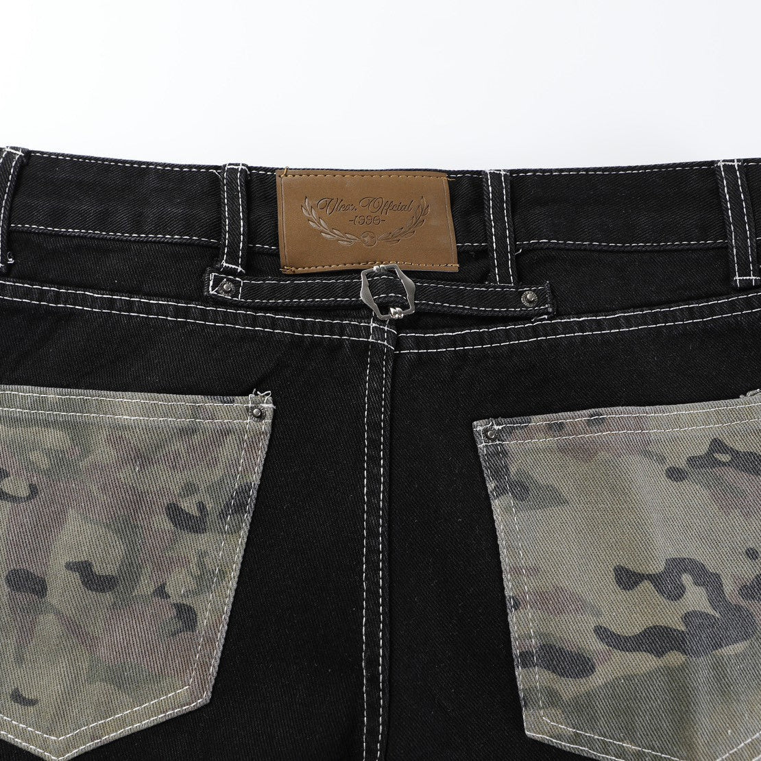 05 高磅 外國迷彩拼接刺繡 彎刀丹寧褲