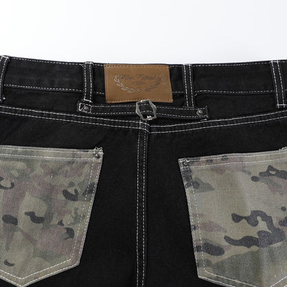 05 高磅 外國迷彩拼接刺繡 彎刀丹寧褲
