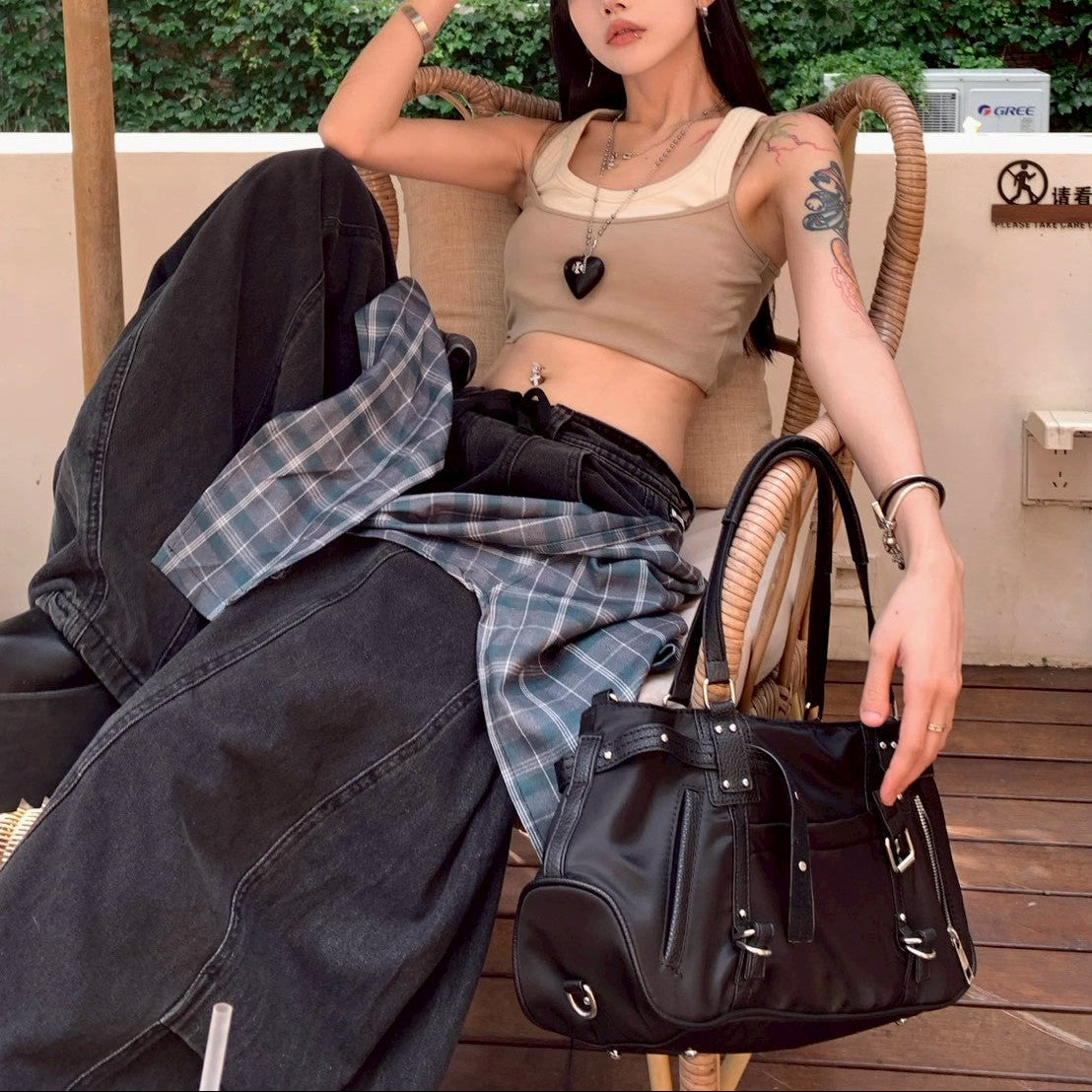 05 正韓 可拆式 格紋腰布簾 解構彎刀褲