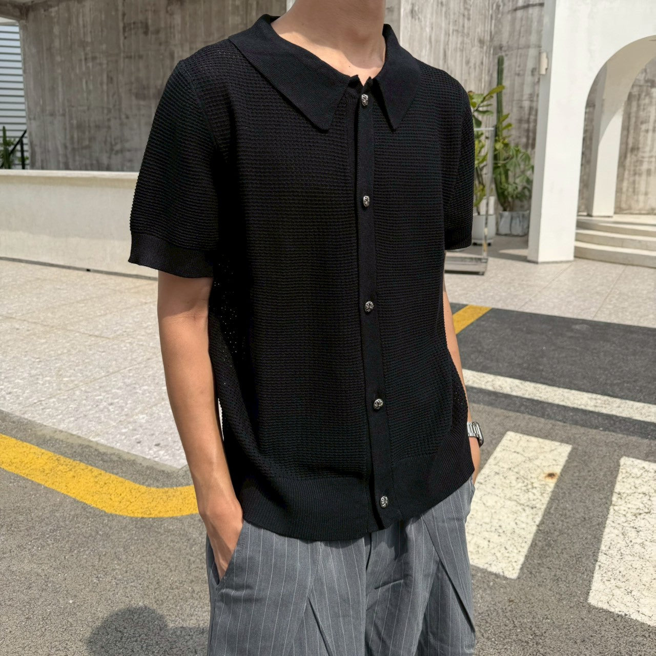 06 杭州正規 雕花釦鏤空 針織襯衫