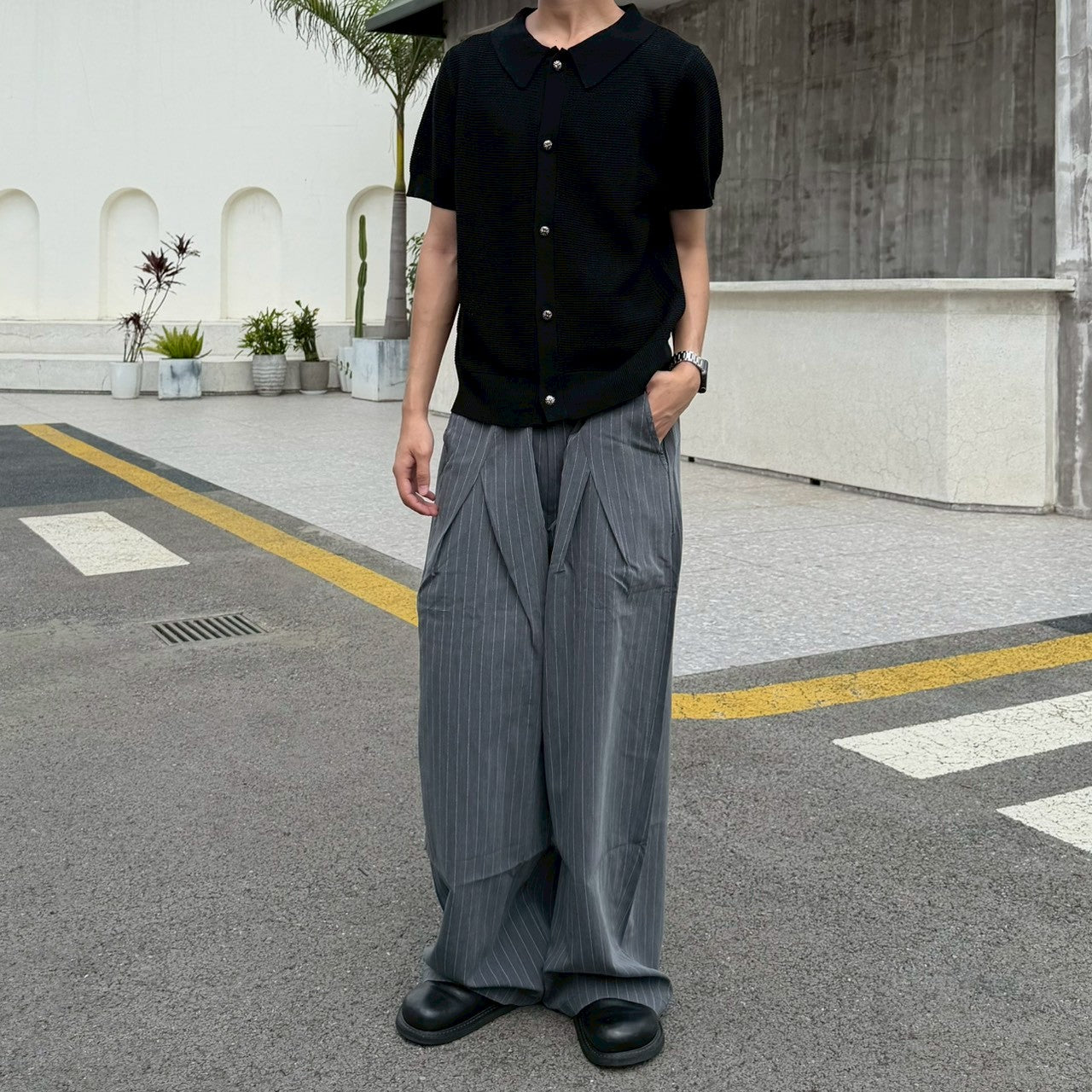 06 杭州正規 雕花釦鏤空 針織襯衫
