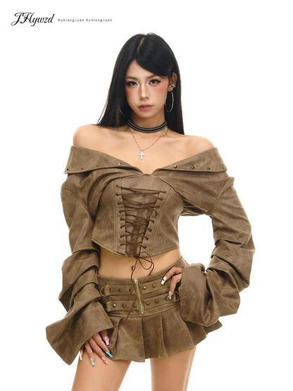 08 重工辣妹 沙漠色綁帶 喇叭上衣