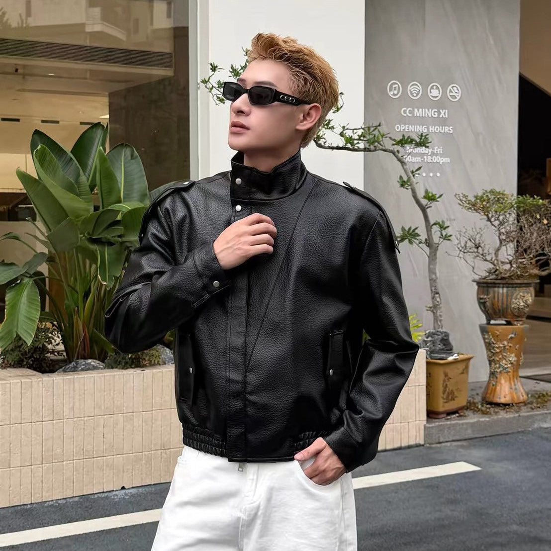 韓國co 立領短版 荔枝皮解構 皮外套