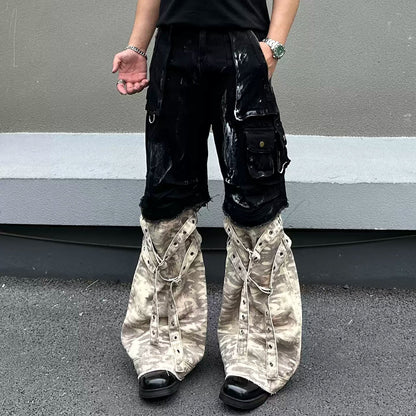 07 重工藝 廢土風潑漆 可拆式 迷彩拼接丹寧褲