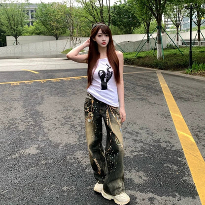 08 數碼印花 寶石褲鍊 牛仔丹寧褲