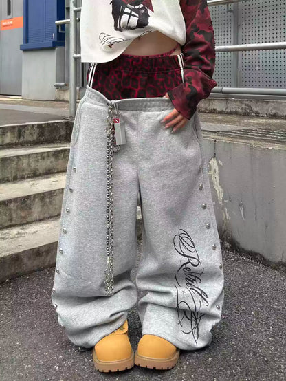 09 紅豹紋 鉚釘雙腰頭 闊腿棉褲