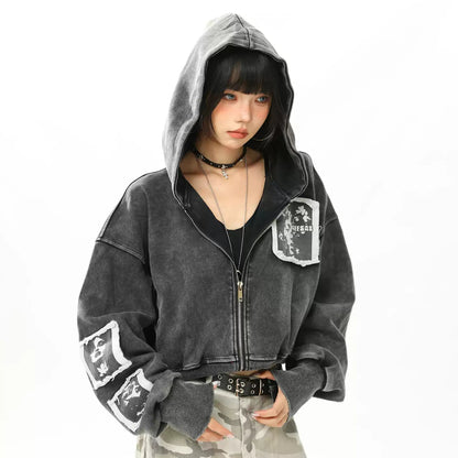 短版 美式貼布 水洗連帽外套 女