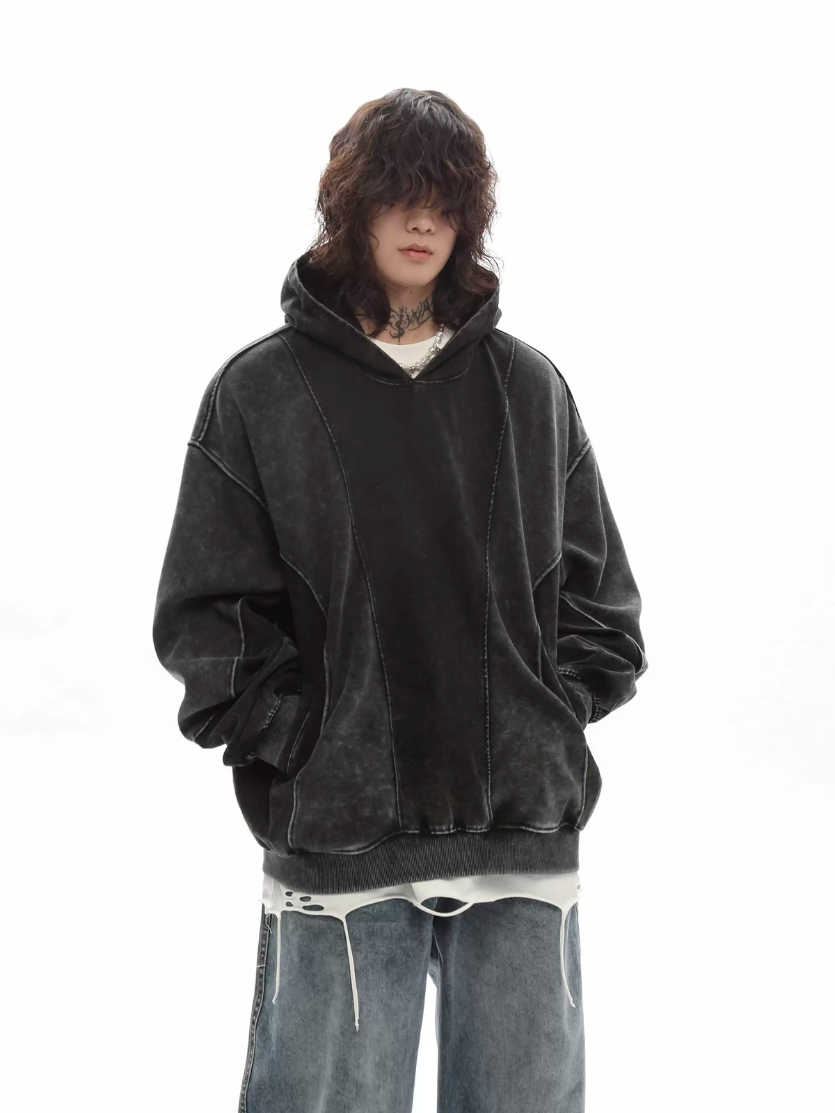 09 正歐 重磅水洗 雙色拼接 解構帽T