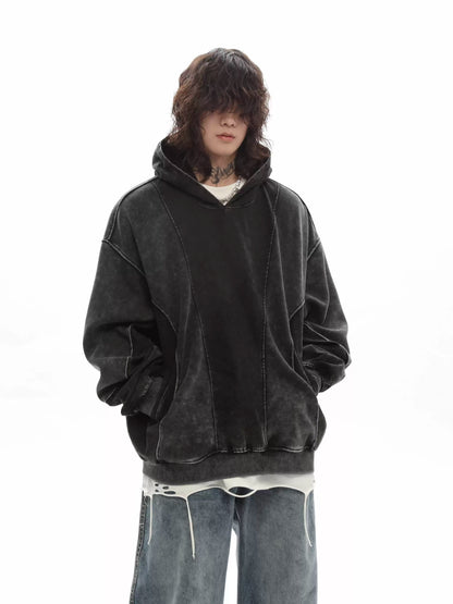 09 正歐 重磅水洗 雙色拼接 解構帽T