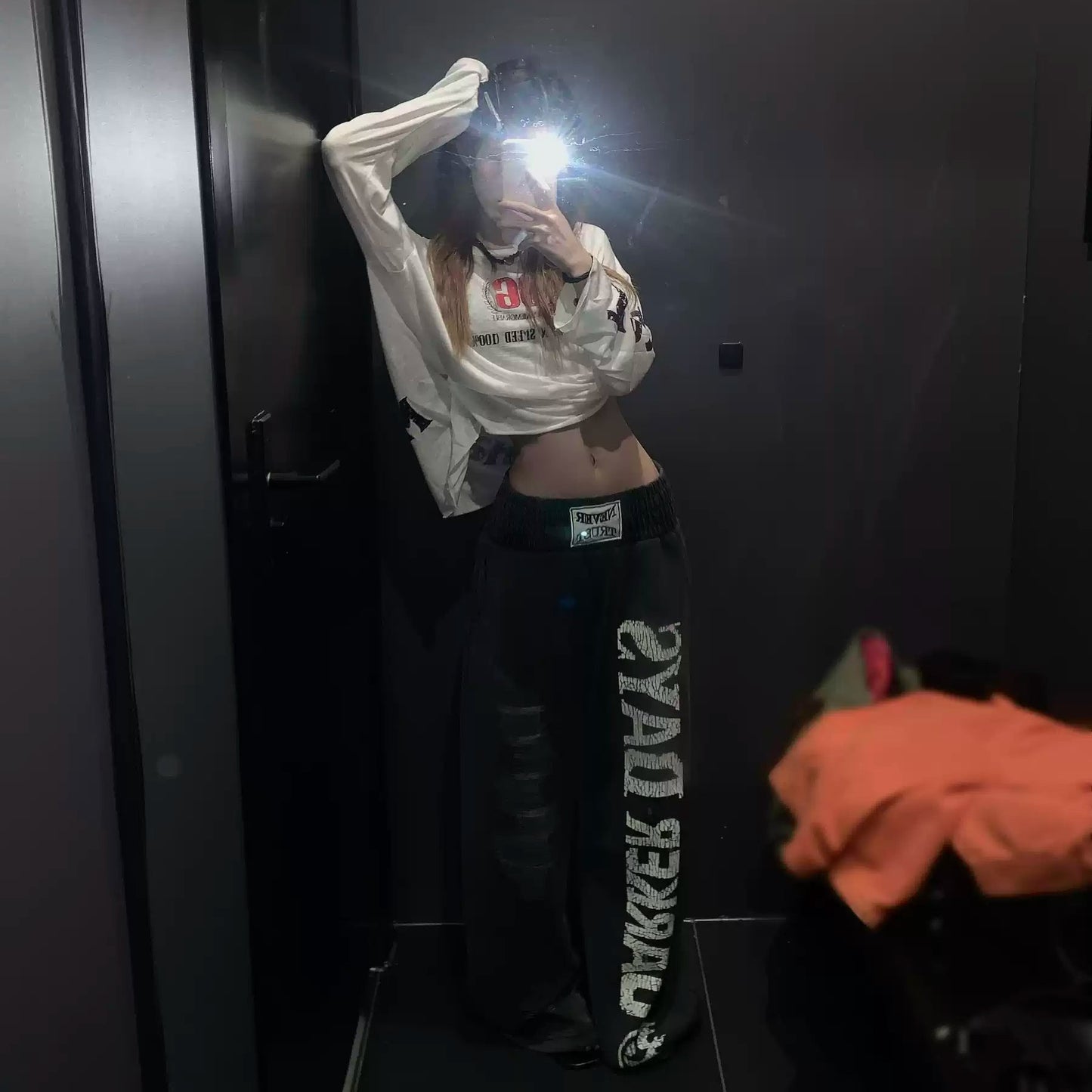 07 正NEVER 高腰 斑駁印花 水洗彎刀棉褲