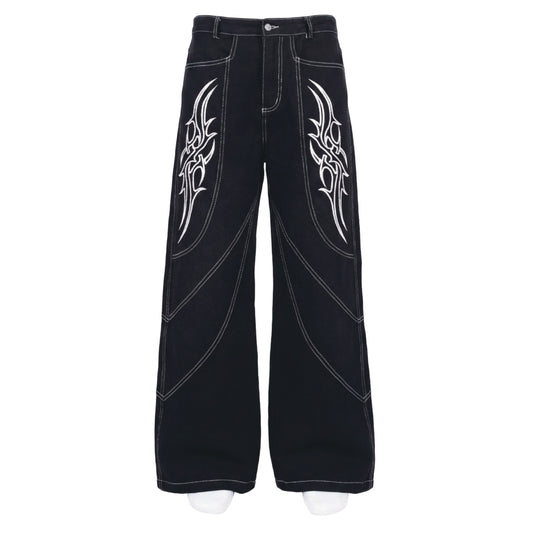 高級刺繡火焰 丹寧褲