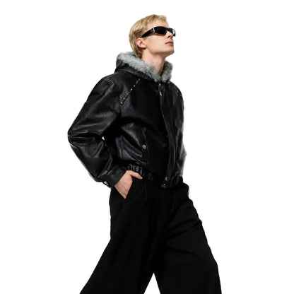 ARGUE Boxy美式座山雕大毛領 加厚皮夾克