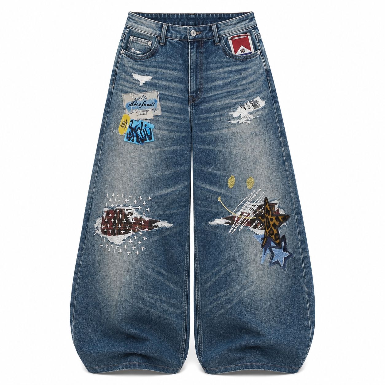 美式復古 刺繡破洞 彎刀丹寧褲