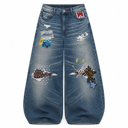 美式復古 刺繡破洞 彎刀丹寧褲