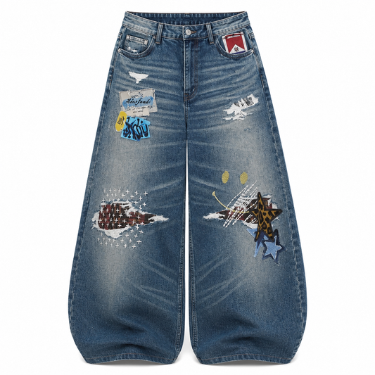 美式復古 刺繡破洞 彎刀丹寧褲